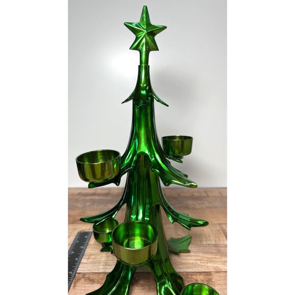 Metallic Green Christmas Tree Tealight Holder With Star Holds 6 Candles Heavy - Picture 5 of 6